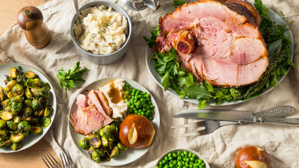 healthy holiday meal with vegetables and ham