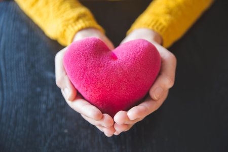 woman's hands holding a pink plush heart